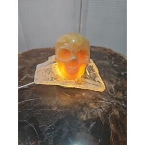 1.62LB Natural Yellow Translucent Calcite Crystal Skull W/Selenite Base & Led